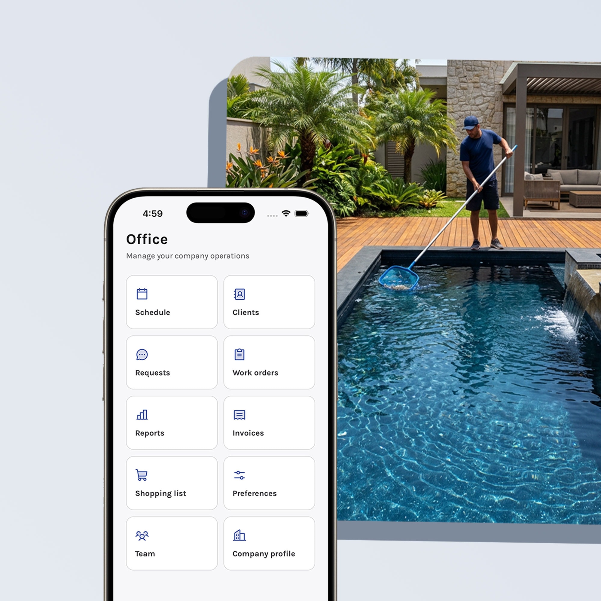 Aquatechy office app beside a pool service photo